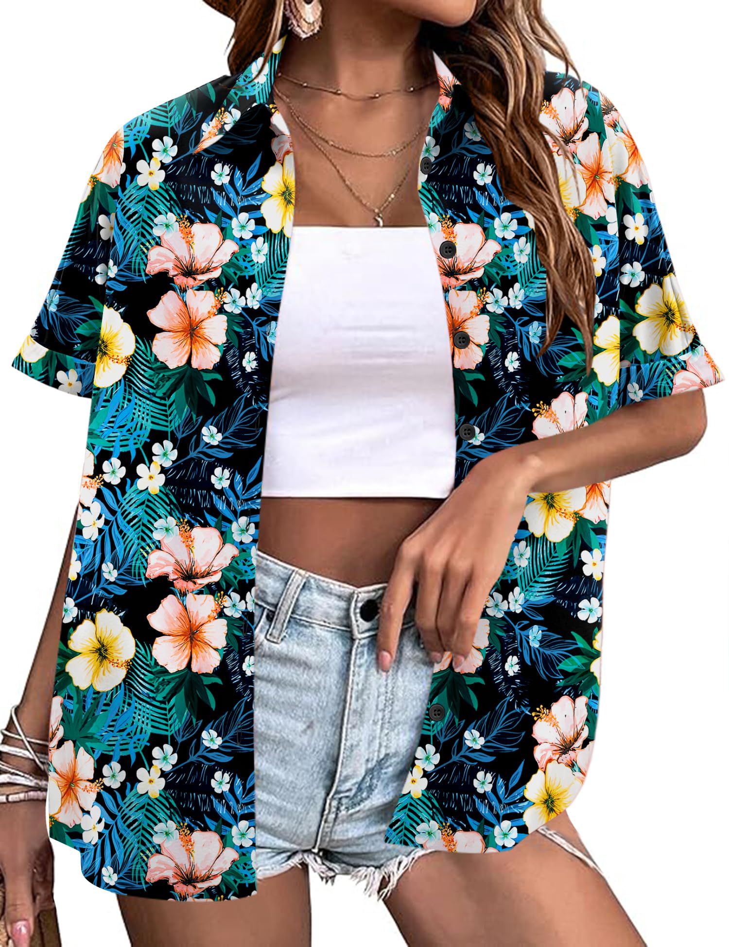LOMON Women's Summer Hawaiian Shirts Floral Short Sleeve Button Down Shirts Hawaii Tropical Beach Tops Outfits
