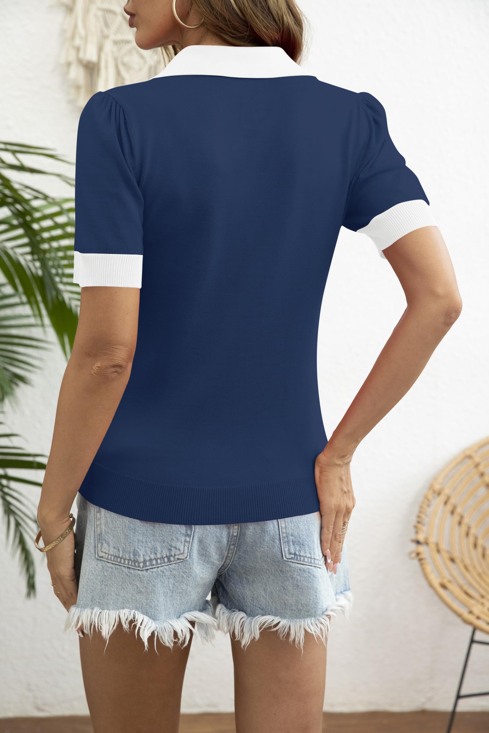 LOMON Womens Puff Short Sleeve Polo Sweater V Neck Knitted Tops Casual Ribbed Shirt Pullover Blouse