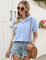 LOMON Linen Shirts for Women Puff Sleeve Button Down Summer Casual Cotton Linen Blouses Collared Work Tops Dressy