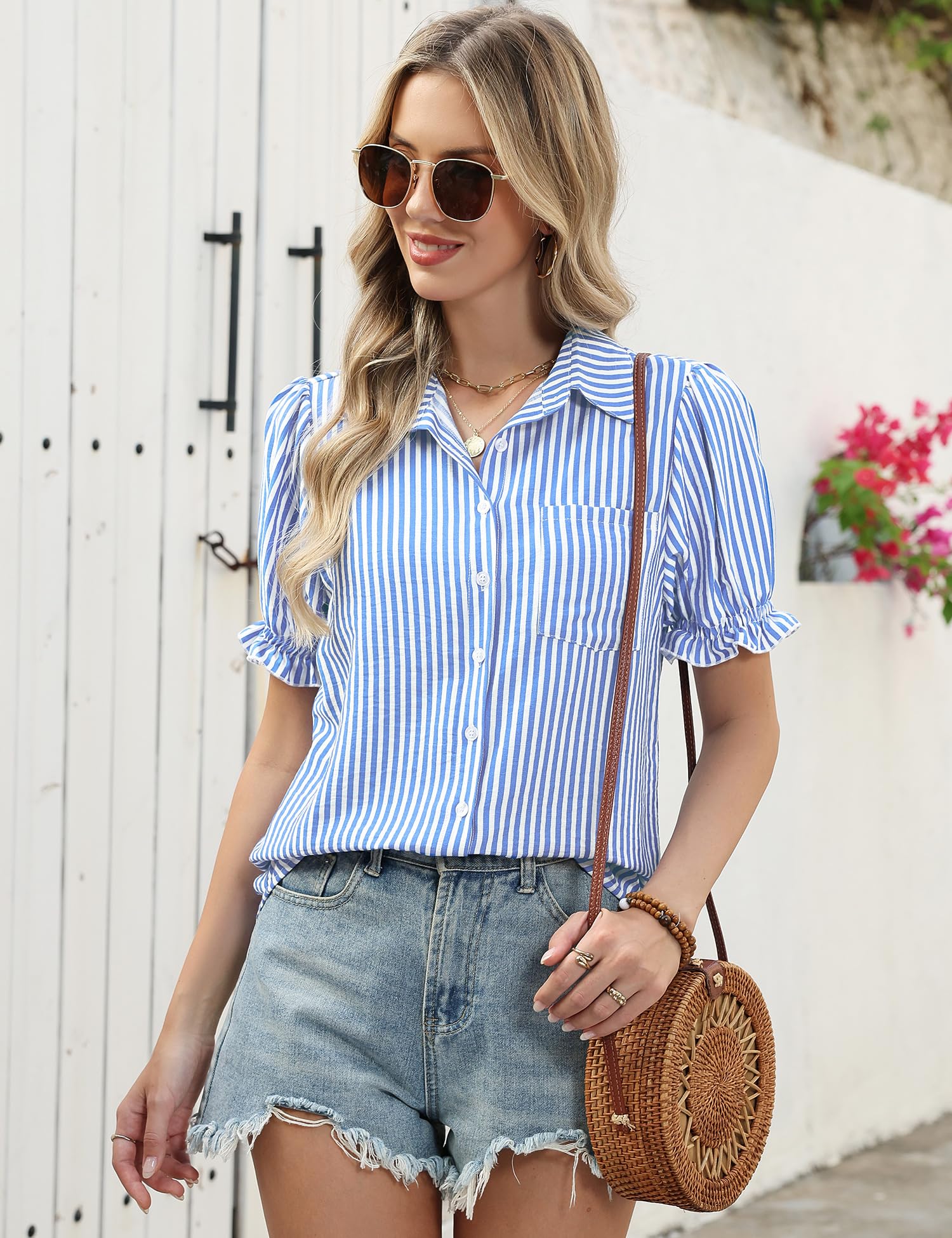 LOMON Linen Shirts for Women Puff Sleeve Button Down Summer Casual Cotton Linen Blouses Collared Work Tops Dressy
