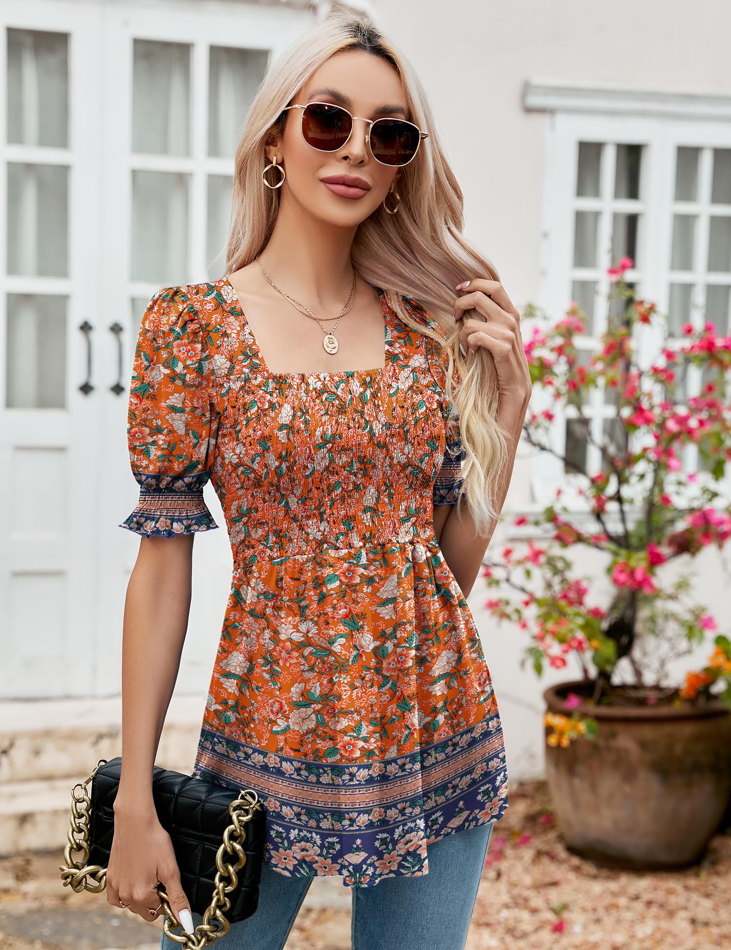 LOMON Women's Tunics Square Neck Puff Short Sleeve Smocked Top Ladies Peplum Blouse Tee Shirts 2025 Spring Summer S-XL
