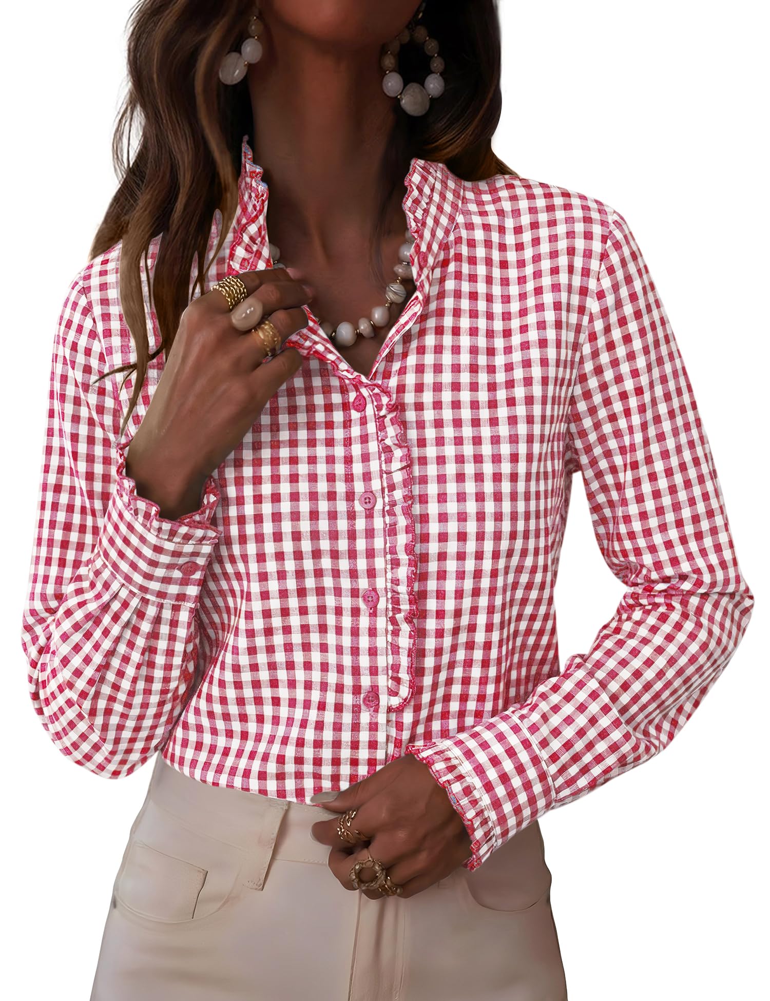 LOMON Button Down Shirts for Women Dressy Casual Long Sleeve Ruffle Blouses Office Tops Work Shirt