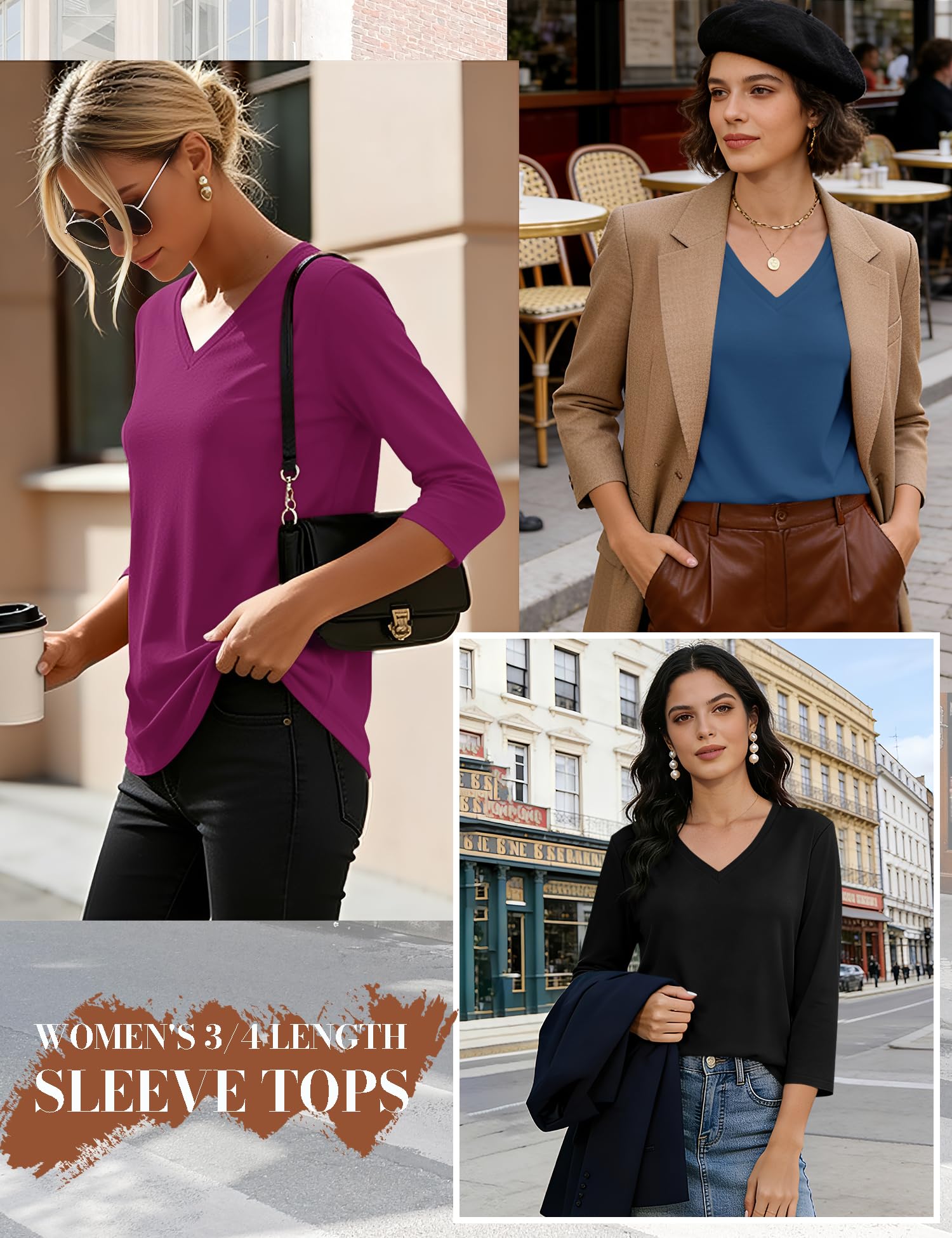 LOMON 3 Pack Tops for Women 3/4 Sleeve V Neck Basics Tees Business Casual Summer T Shirts