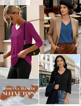 LOMON 3 Pack Tops for Women 3/4 Sleeve V Neck Basics Tees Business Casual Summer T Shirts