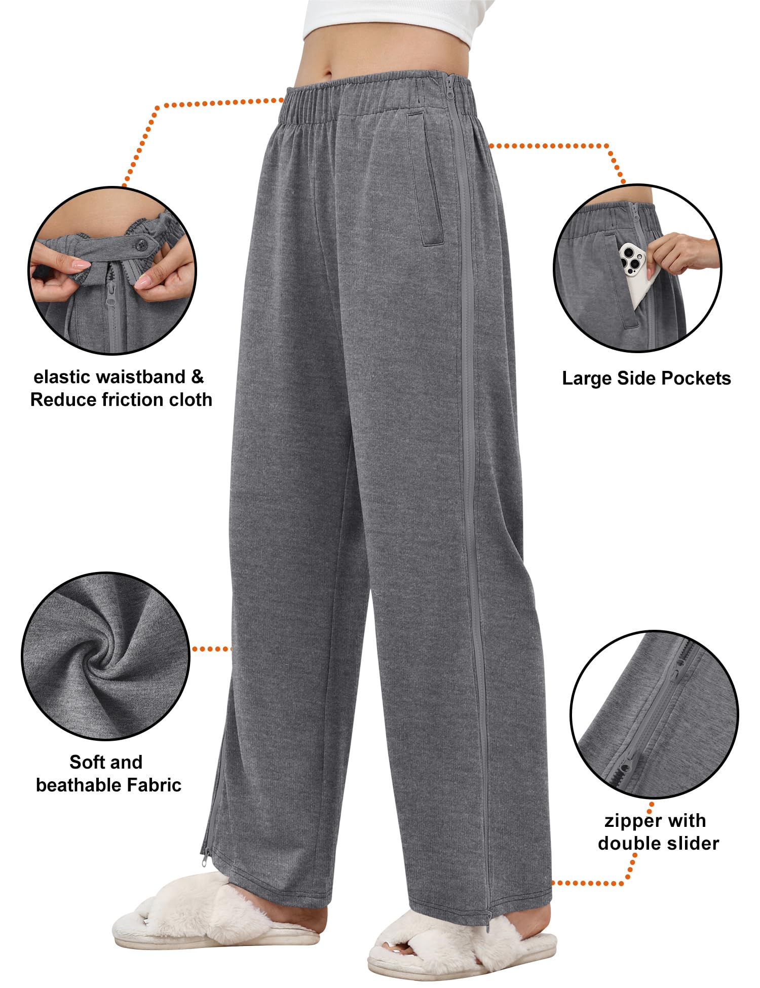 LOMON Womens Tear Away Pants Sides Full Open Sweatpants Double Slider Zip Off Post Surgery Pant with Pockets
