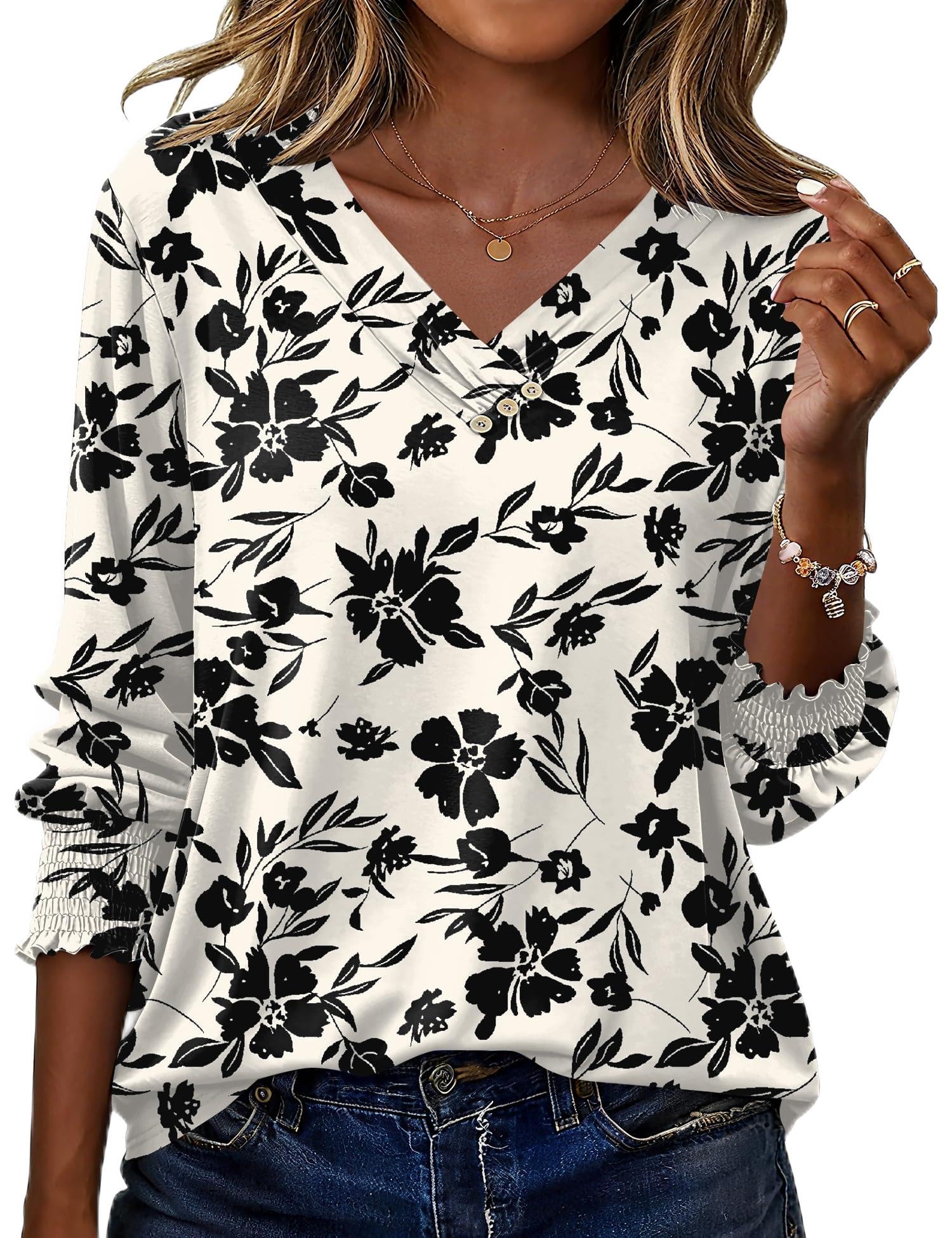 LOMON Blouses for Women Dressy Casual 3/4 Length Sleeve Womens Tops with Buttons Decor