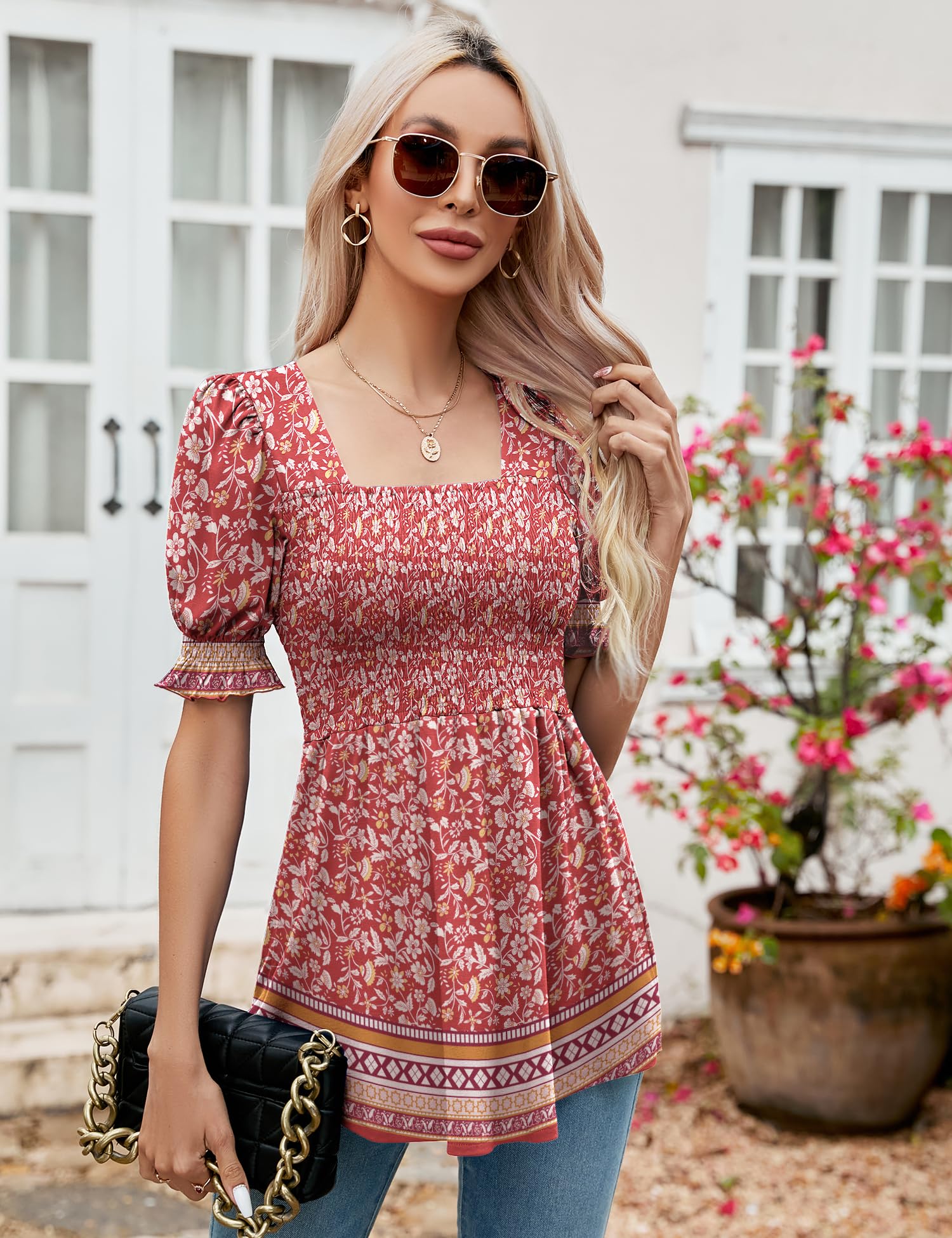 LOMON Women's Tunics Square Neck Puff Short Sleeve Smocked Top Ladies Peplum Blouse Tee Shirts 2025 Spring Summer S-XL