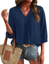 LOMON Womens 3/4 Sleeve V Neck Boho Peasant Blouses Dressy Casual Breathable Soft Tunic Tops with Button Cuffs