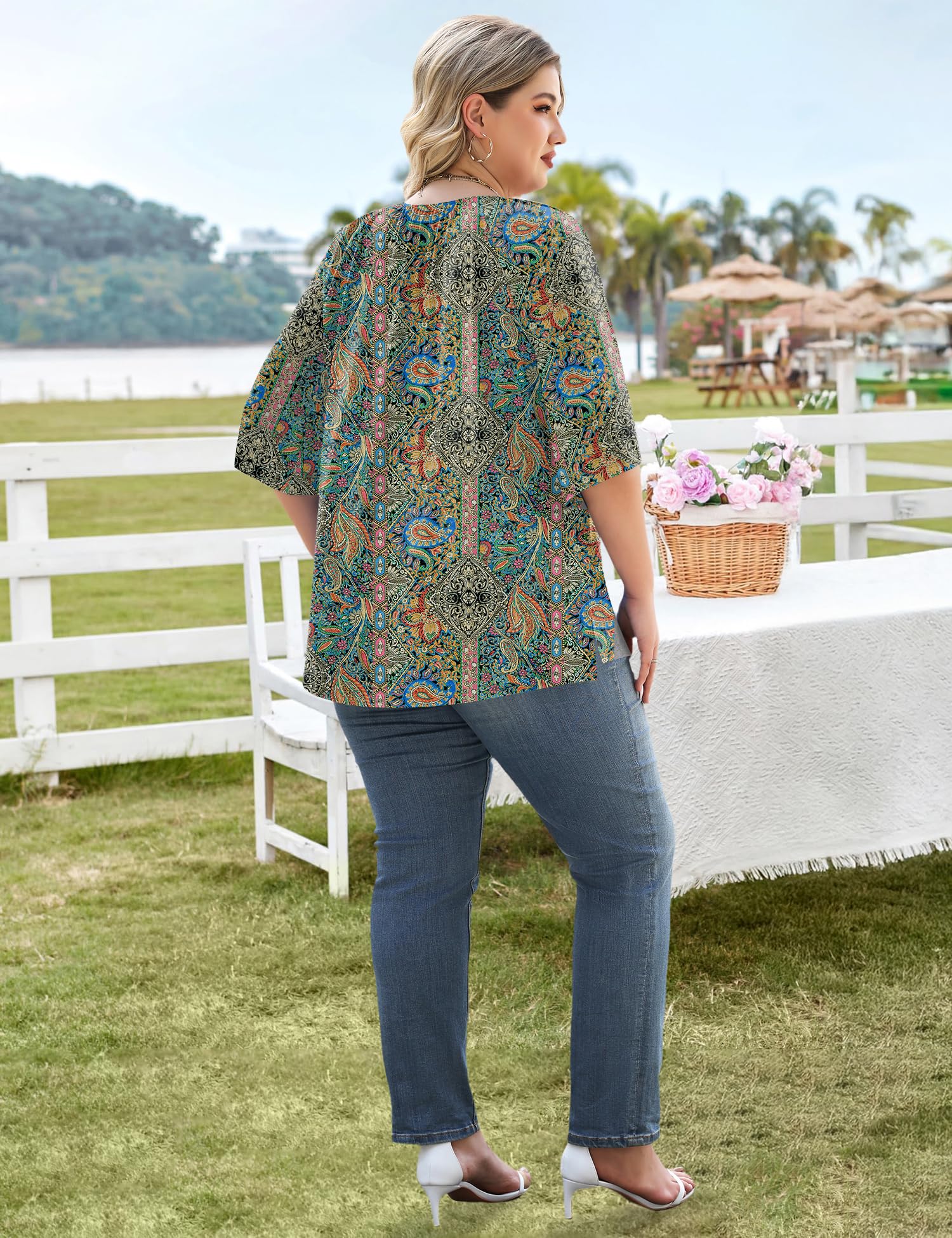 LOMON Womens Plus Size Tops Summer 3/4 Length Sleeve Crewneck Blouses Dressy Casual Loose Curvy Flowy Tunic Shirts 1X-5X