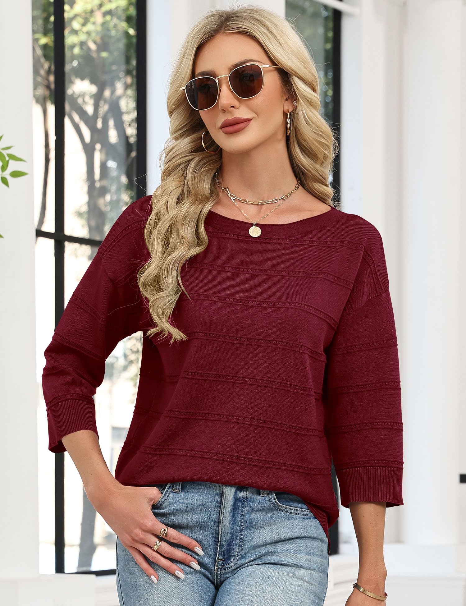 LOMON Womens Sweaters Casual Boat Neck 3/4 Sleeve Lightweight Knit Trendy Pullover Sweater Summer Tops S-XL
