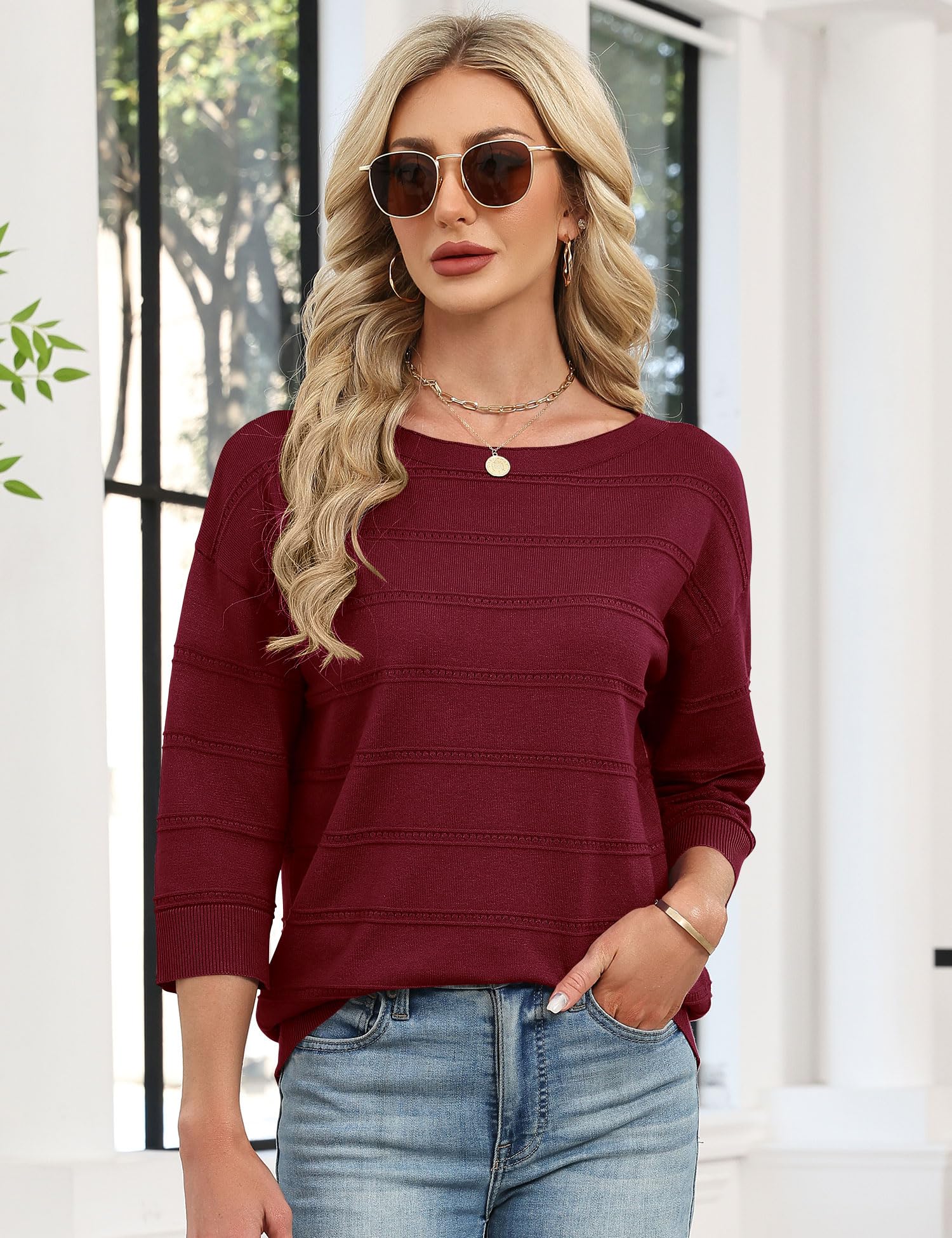 LOMON Womens Sweaters Casual Boat Neck 3/4 Sleeve Lightweight Knit Trendy Pullover Sweater Summer Tops S-XL
