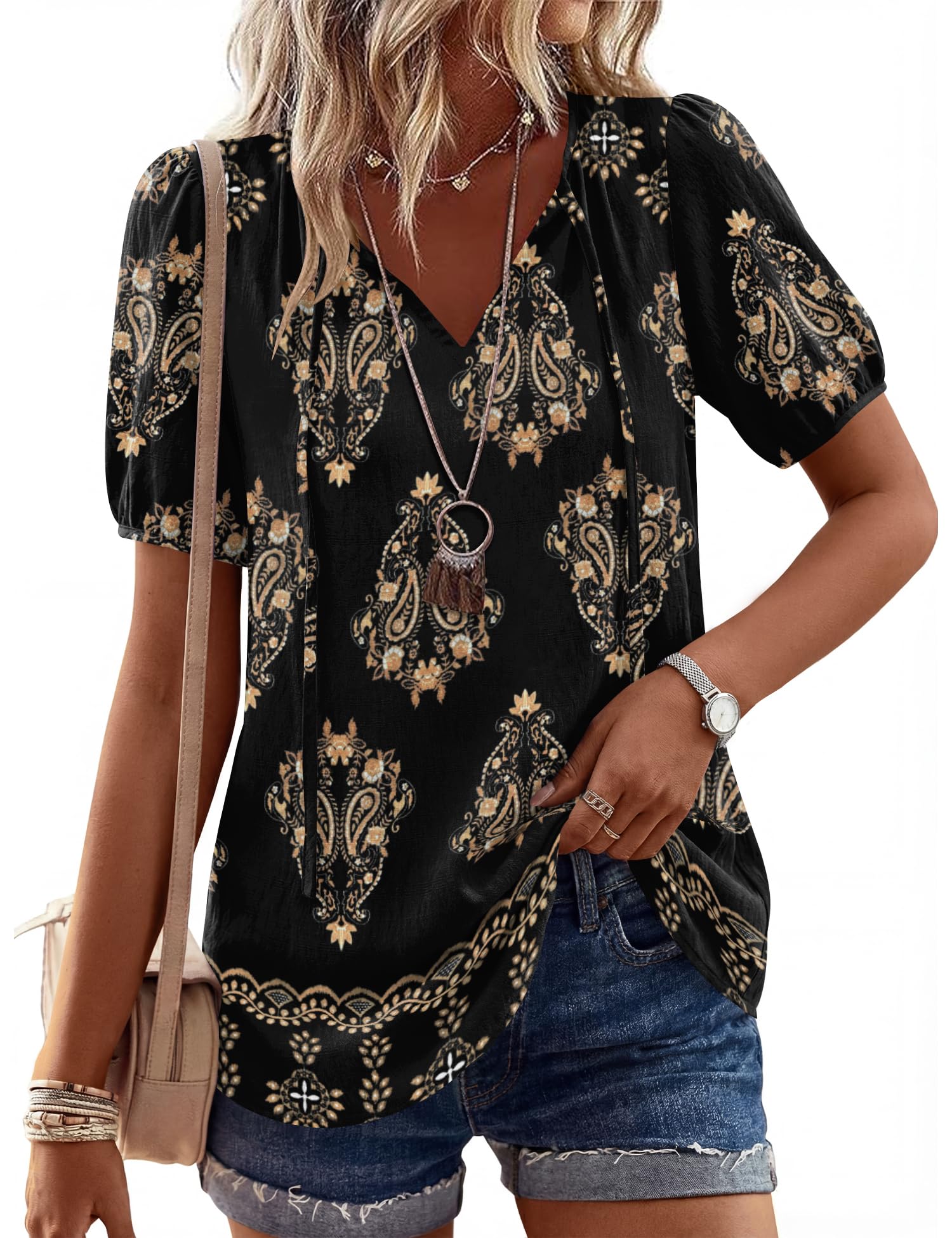 LOMON Boho Tops for Women Summer V-Neck Tie Front Peasant Blouses Casual Puff Sleeve Loose-Fit Flowy Shirts Beach Vacation