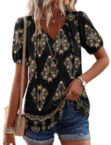 LOMON Boho Tops for Women Summer V-Neck Tie Front Peasant Blouses Casual Puff Sleeve Loose-Fit Flowy Shirts Beach Vacation