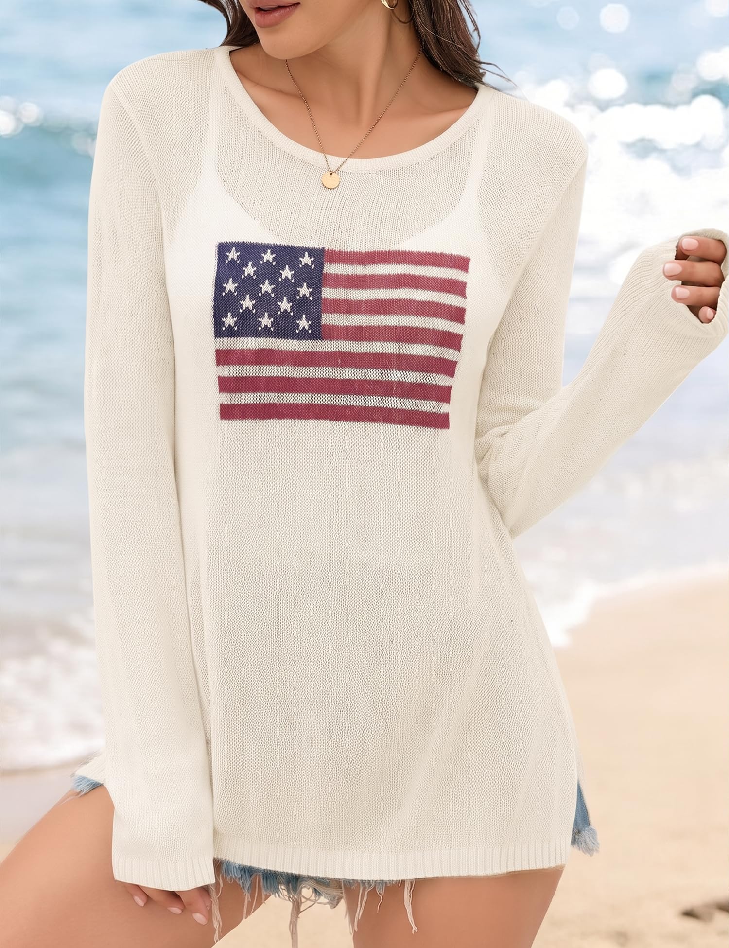 LOMON Beach Cover Up for Women Letter Print Long Sleeve Sweater Crochet Tops Shirts Casual Crewneck Split Hem Pullover