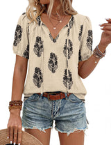 LOMON Boho Tops for Women Summer V-Neck Tie Front Peasant Blouses Casual Puff Sleeve Loose-Fit Flowy Shirts Beach Vacation