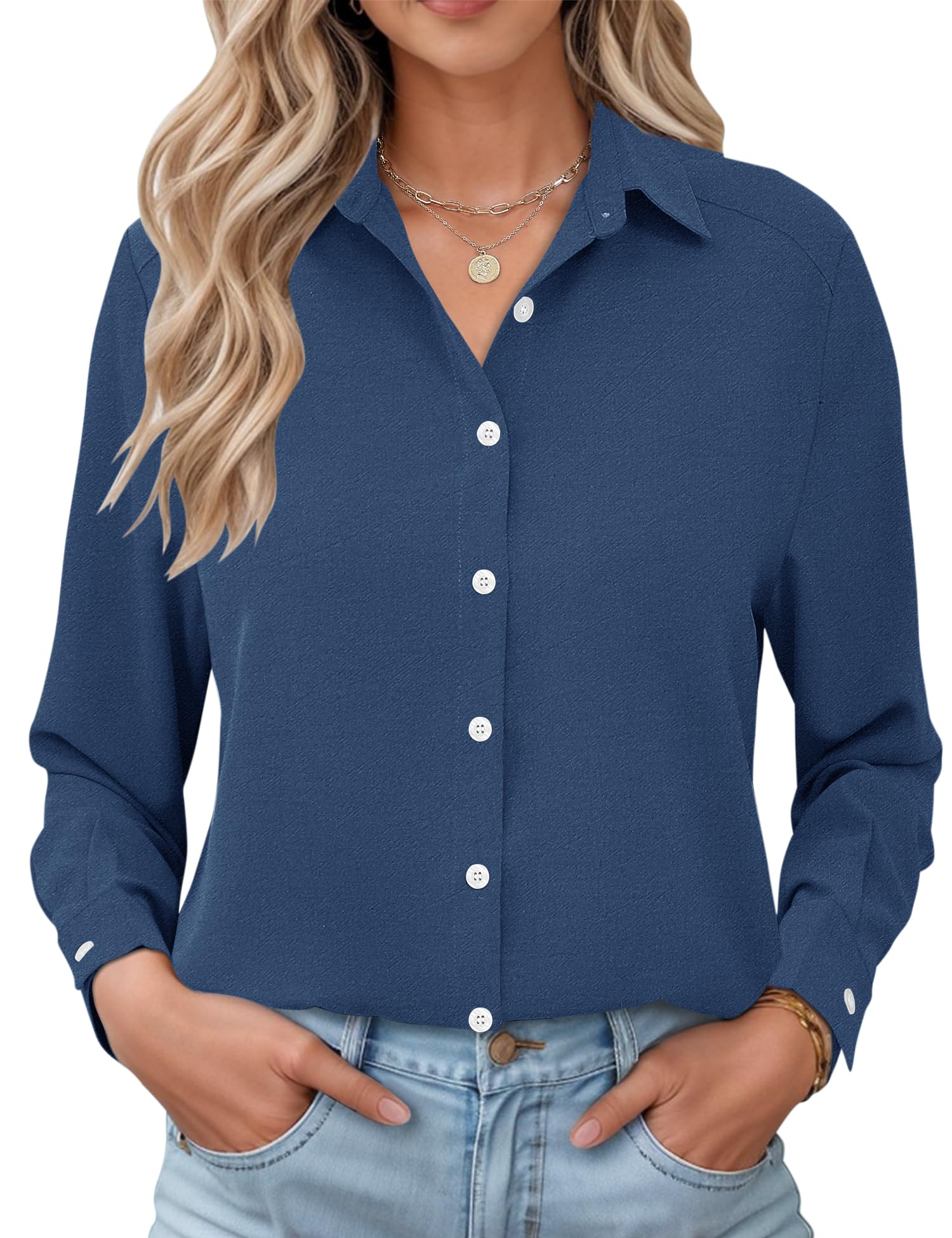LOMON Womens Long Sleeve Button Down Shirts Casual Loose Fit Cotton Collared Blouses