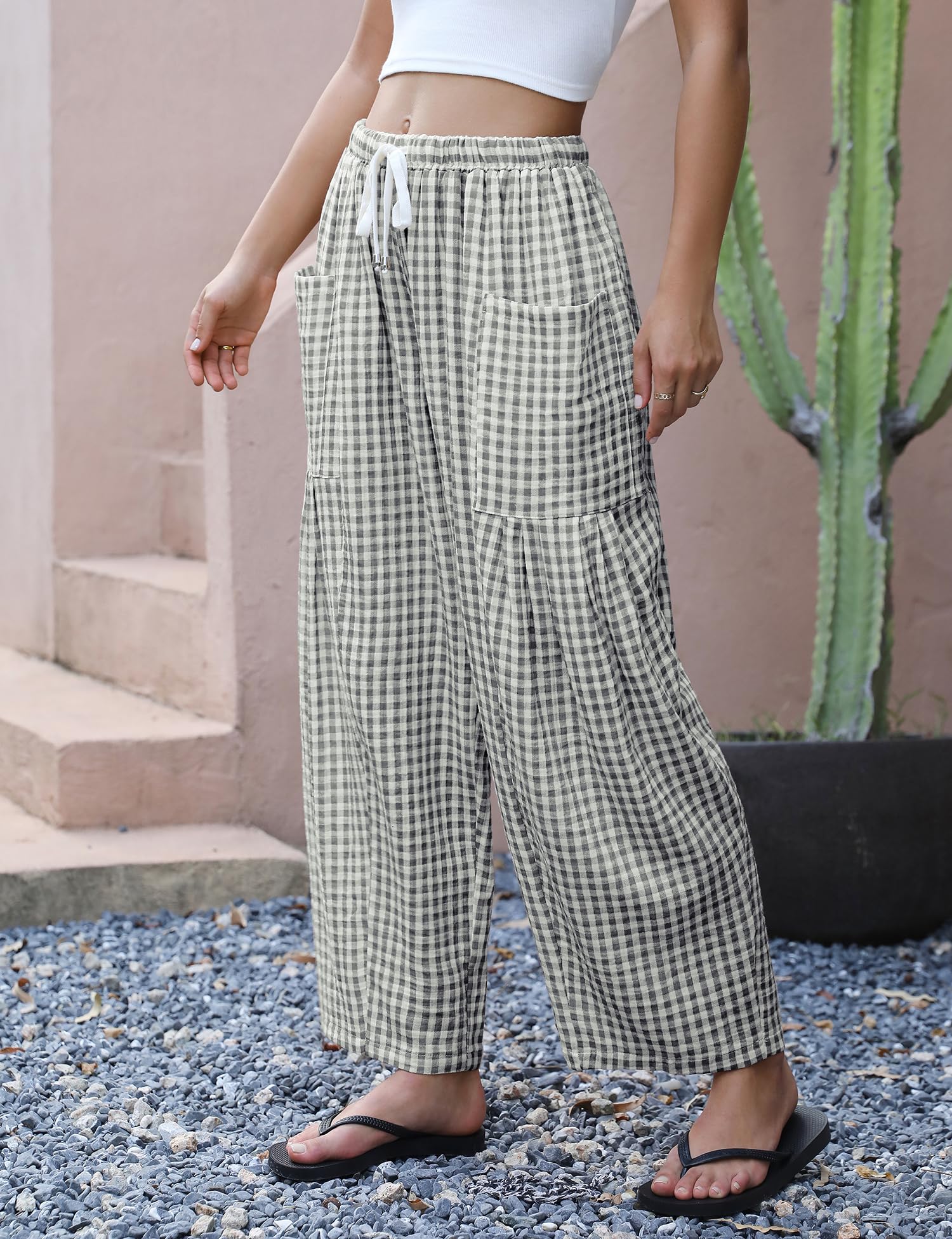 LOMON Womens Wide Leg Linen Pants Casual Drawstring Palazzo Harem Pants Summer Loose Beach Travel Vacation Pants with Pockets