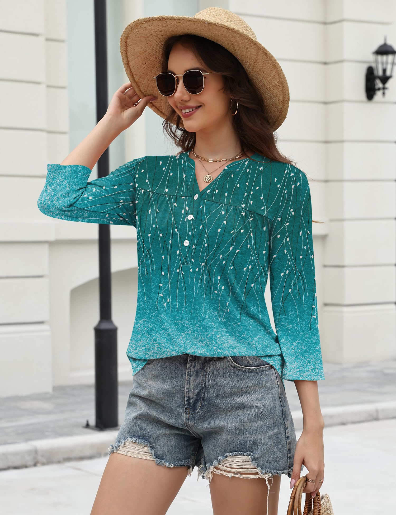 LOMON Womens Tops 3/4 Sleeve Botton Down Shirts Casual V Neck Tunic Blouses Pleated Fashion Summer Tees 2026 Trendy S-3XL