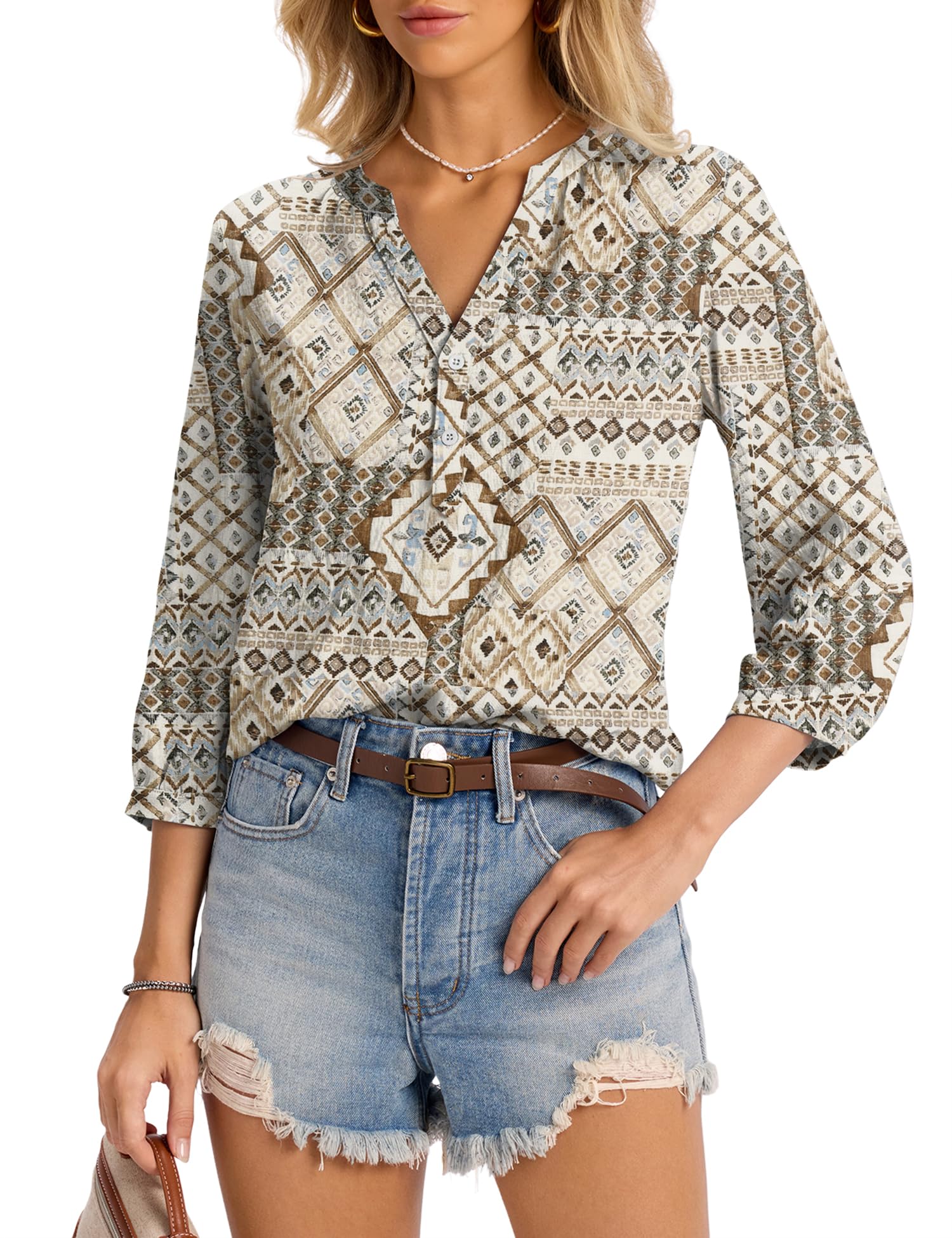 LOMON Womens Tops Dressy Summer 3/4 Length Sleeve Henley V Neck Button Down Shirts Pleated Blouses S-XXL