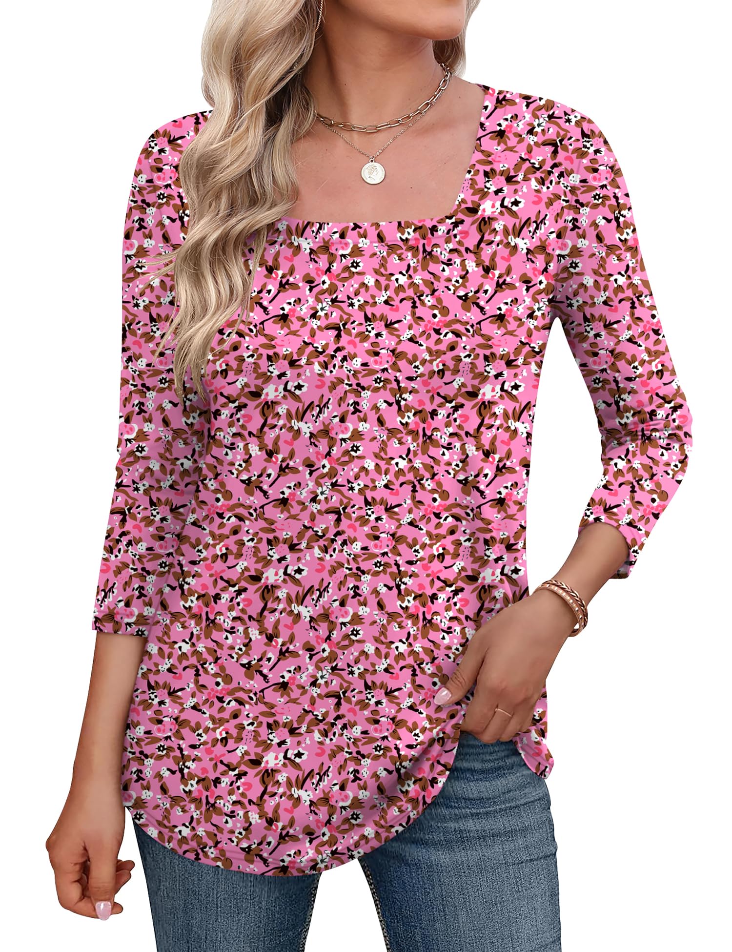 LOMON Women's 3/4 Sleeve Shirts Square Neck Summer Tops Dressy Casual Basic Tees Ladies T Shirts Blouses