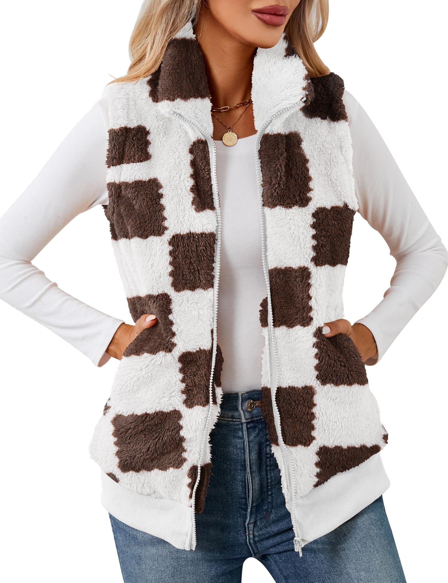 LOMON Womens Fuzzy Fleece Vest, Casual Warm Sleeveless Zip Up Sherpa Vest Jacket with Pockets for Fall/Winter