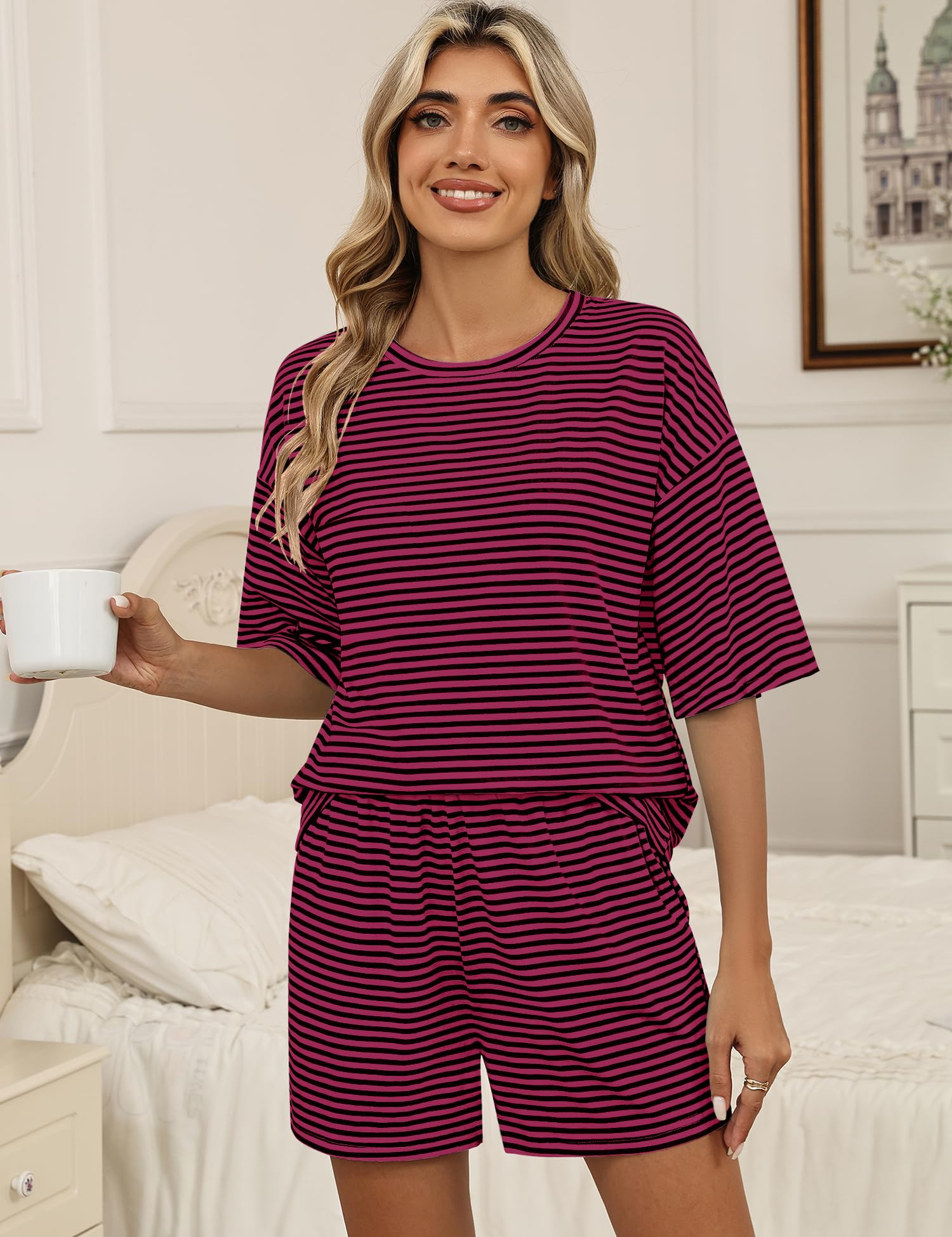 LOMON Two Piece Sets for Women Summer 3/4 Sleeve Tops and Elastic Waist Shorts Pajamas Cute Comfy Soft Lounge Striped Pjs