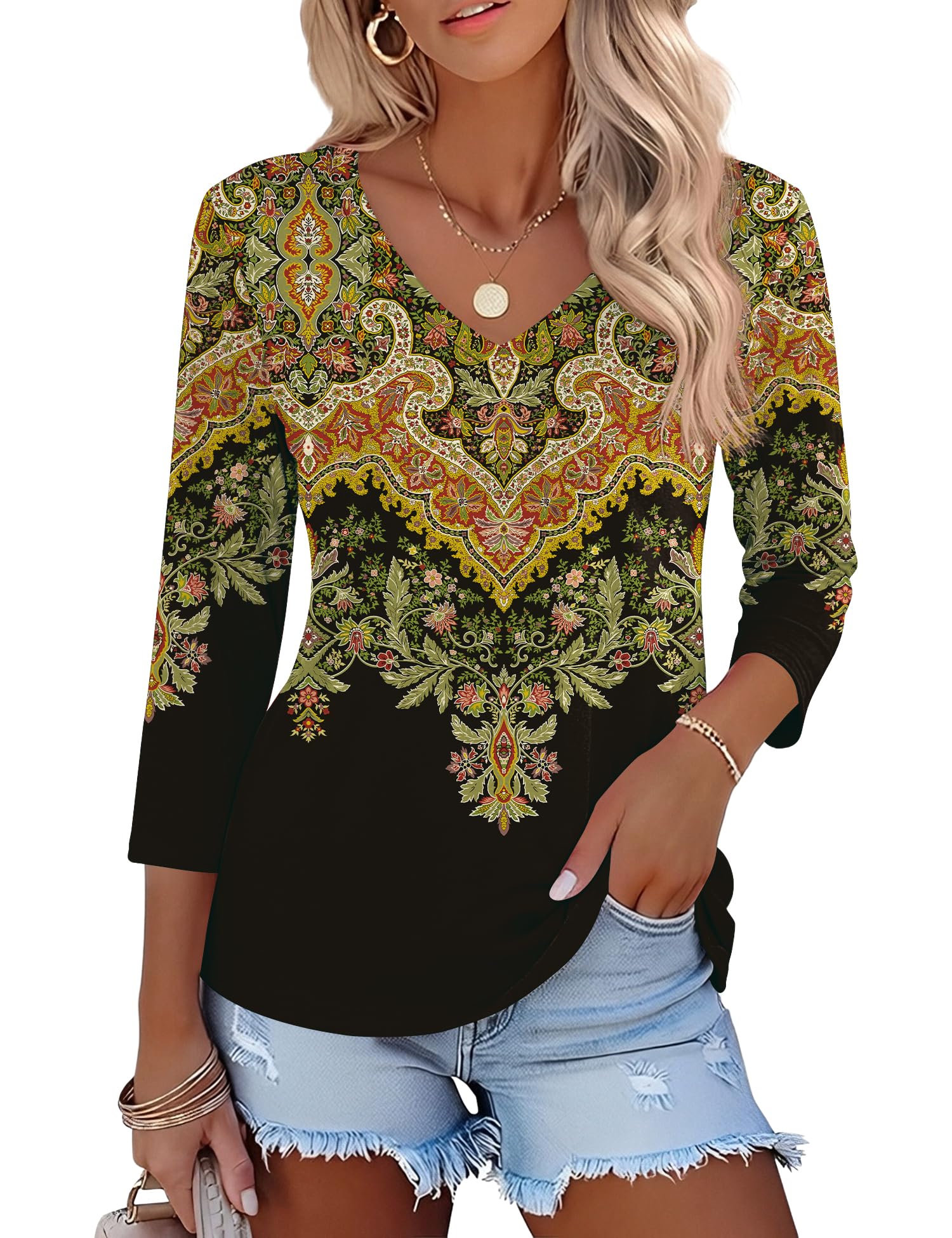 Lomon Women's V Neck T Shirts 3/4 Sleeve Blouse Summer Tops Dressy Casual Basic Tees