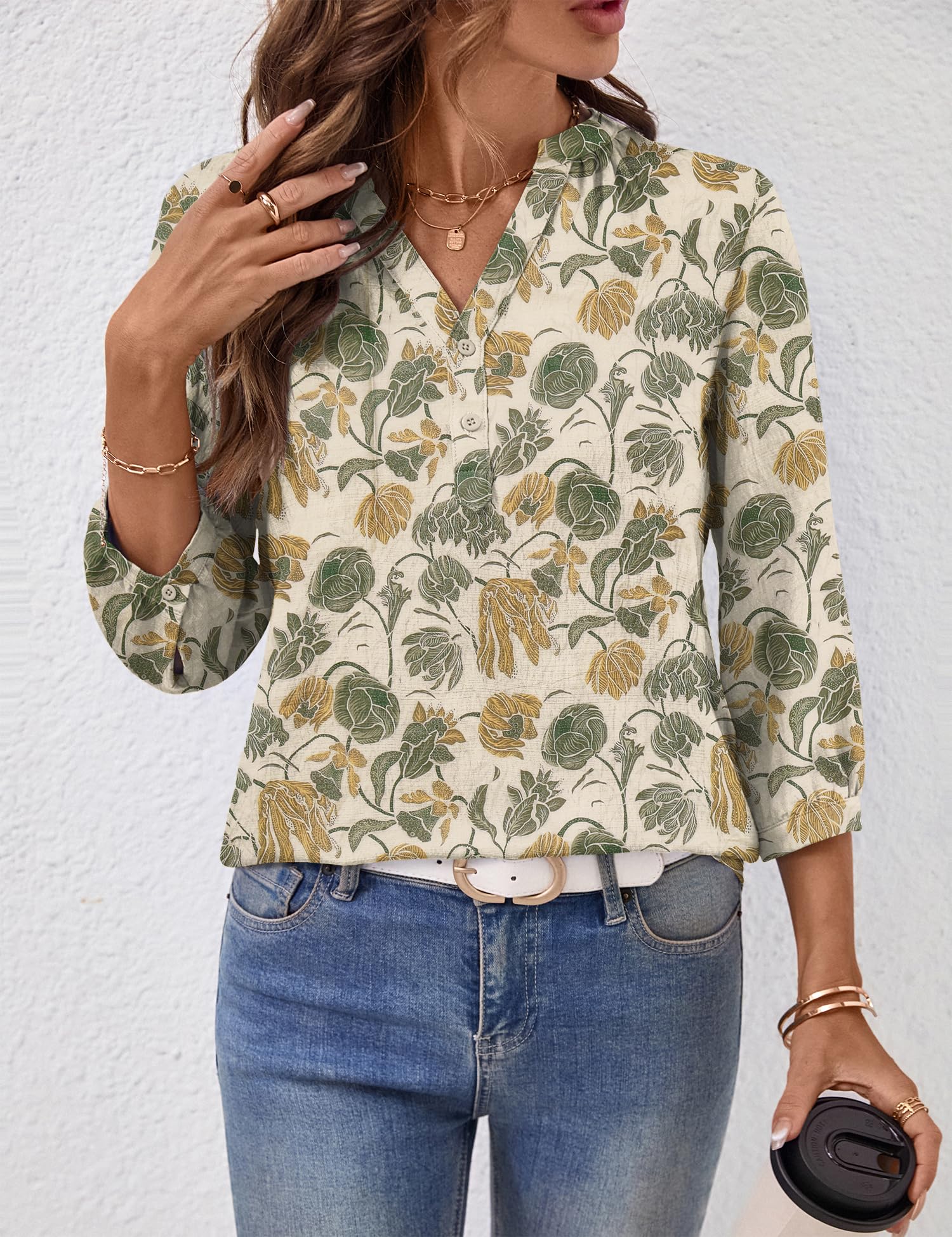 LOMON Womens Tops Dressy Summer 3/4 Length Sleeve Henley V Neck Button Down Shirts Pleated Blouses S-XXL