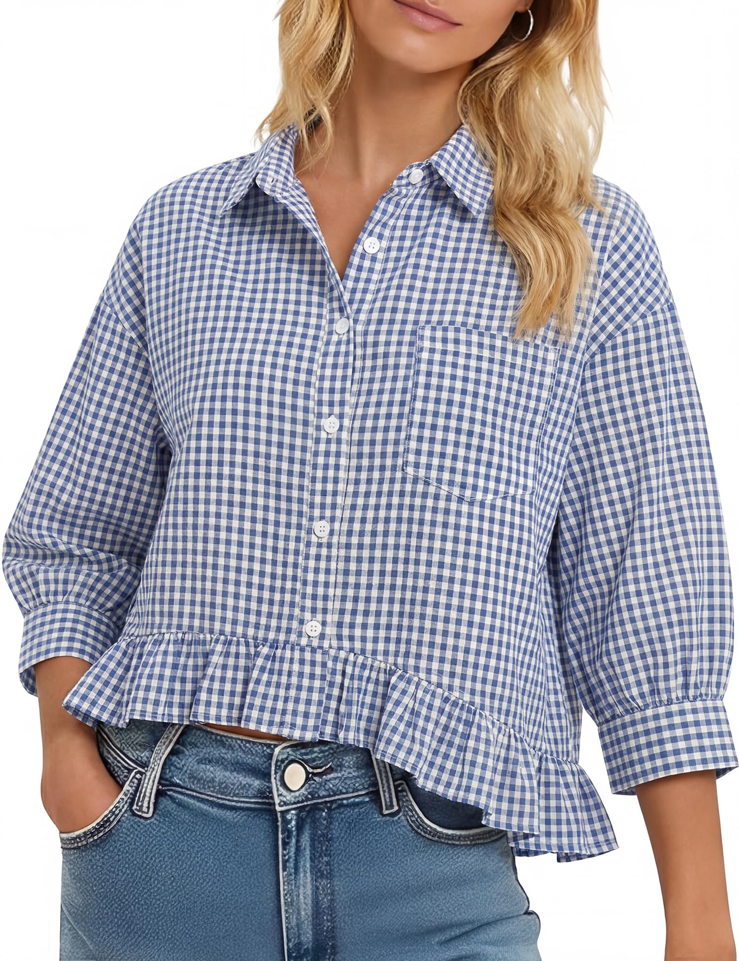 LOMON Womens 3/4 Sleeve Button Down Tops Dressy Casual Collared Shirts Blouses Ruffle Babydoll Tops Loose Fit