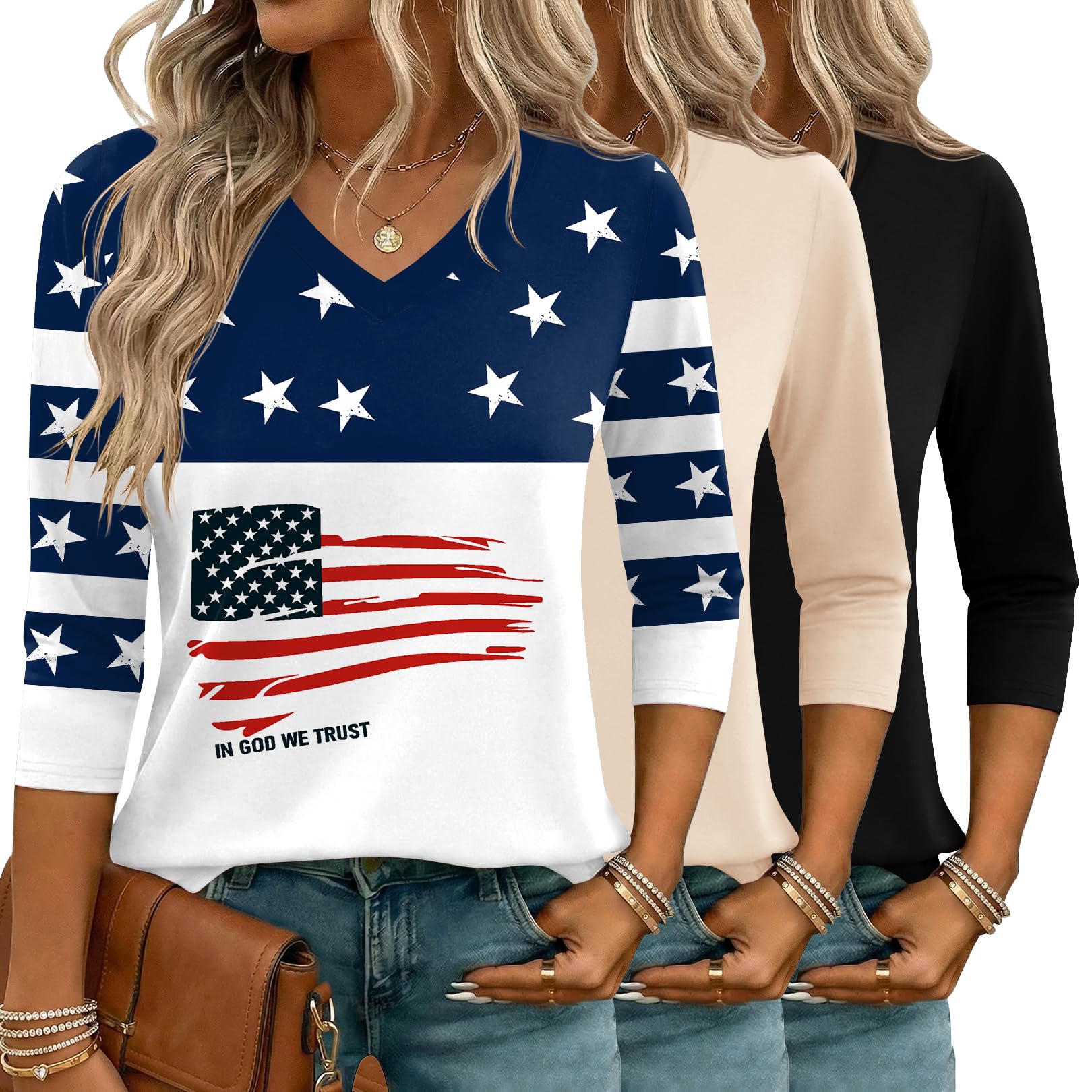 LOMON 3 Pack Tops for Women 3/4 Sleeve V Neck Basics Tees Business Casual Summer T Shirts