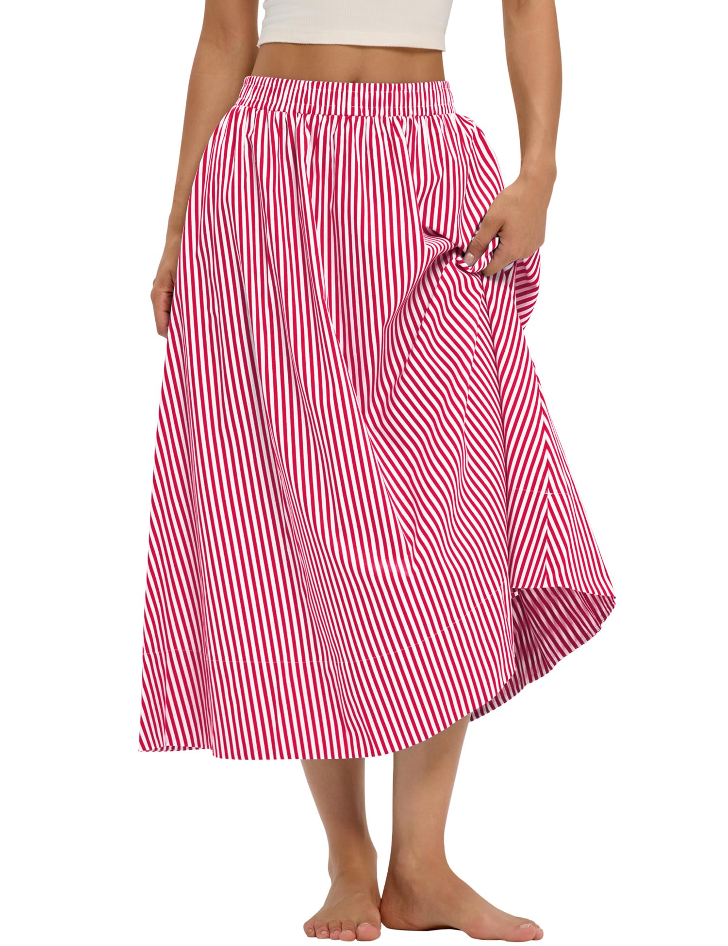 LOMON Midi Skirts for Women A-Line Cotton Flowy Maxi Skirt Boho Summer Beach Casual Elastic Waist Dress Outfit with Pockets