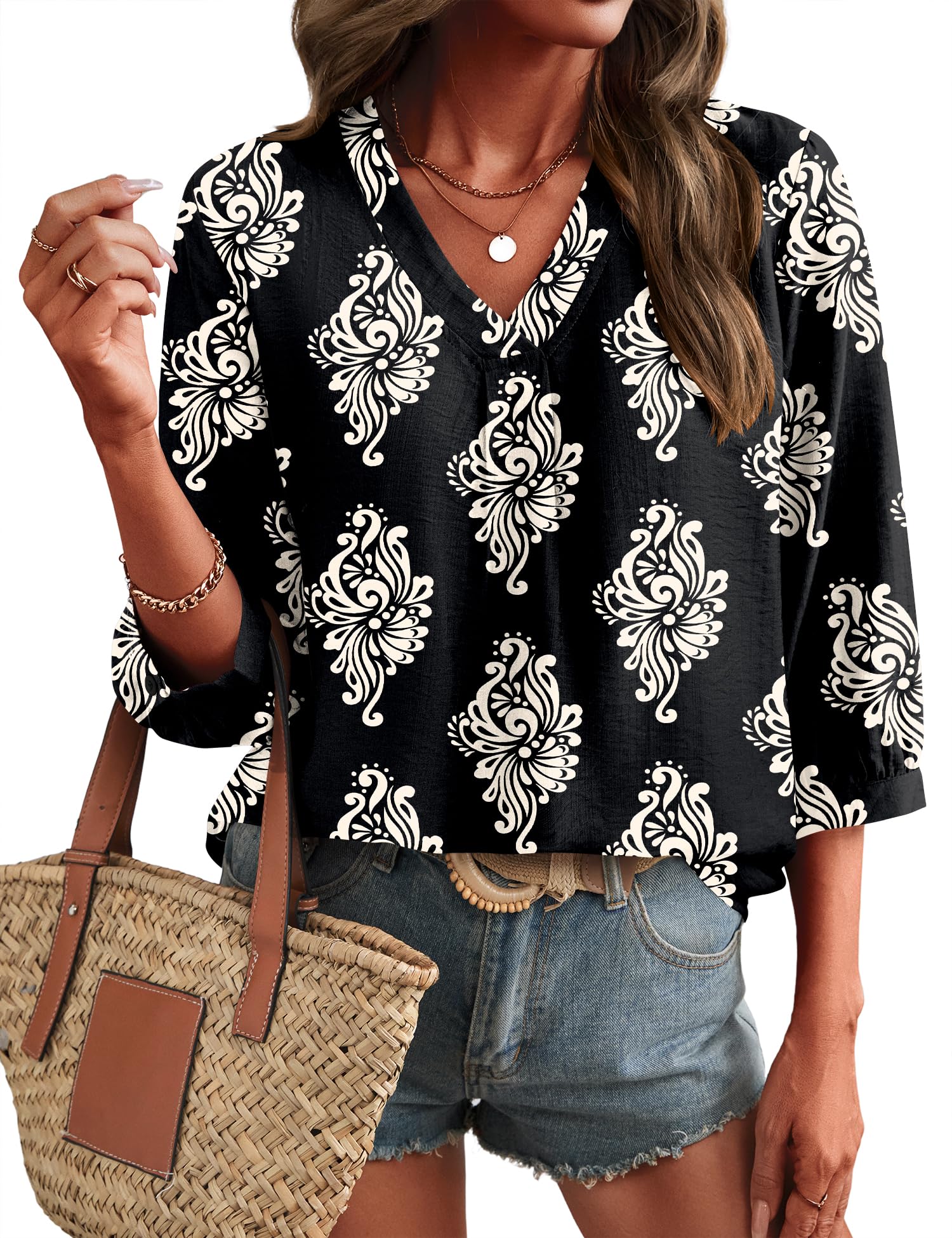 LOMON Womens 3/4 Sleeve V Neck Boho Peasant Blouses Dressy Casual Breathable Soft Tunic Tops with Button Cuffs