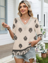 LOMON Women's 3/4 Length Sleeve Boho Tops V Neck Lace Summer Outfits Dressy Casual Flowy Shirts Vacation Clothes Blouses