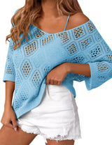 LOMON Womens 3/4 Sleeve Crochet Tops Off Shoulder Hollow Out Sweater V Neck Casual Loose Fit Beach Cover Up