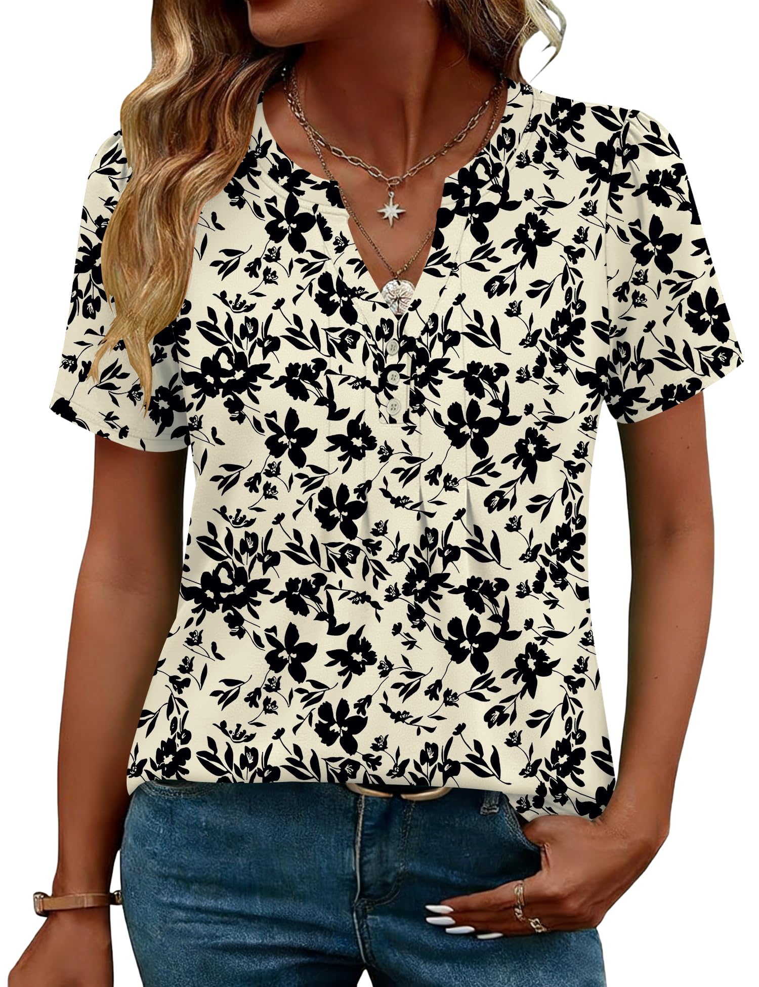LOMON Womens Tops Dressy Casual V Neck Short Sleeve Shirts Summer Pleated Blouses Button Down Tunic Loose Fit