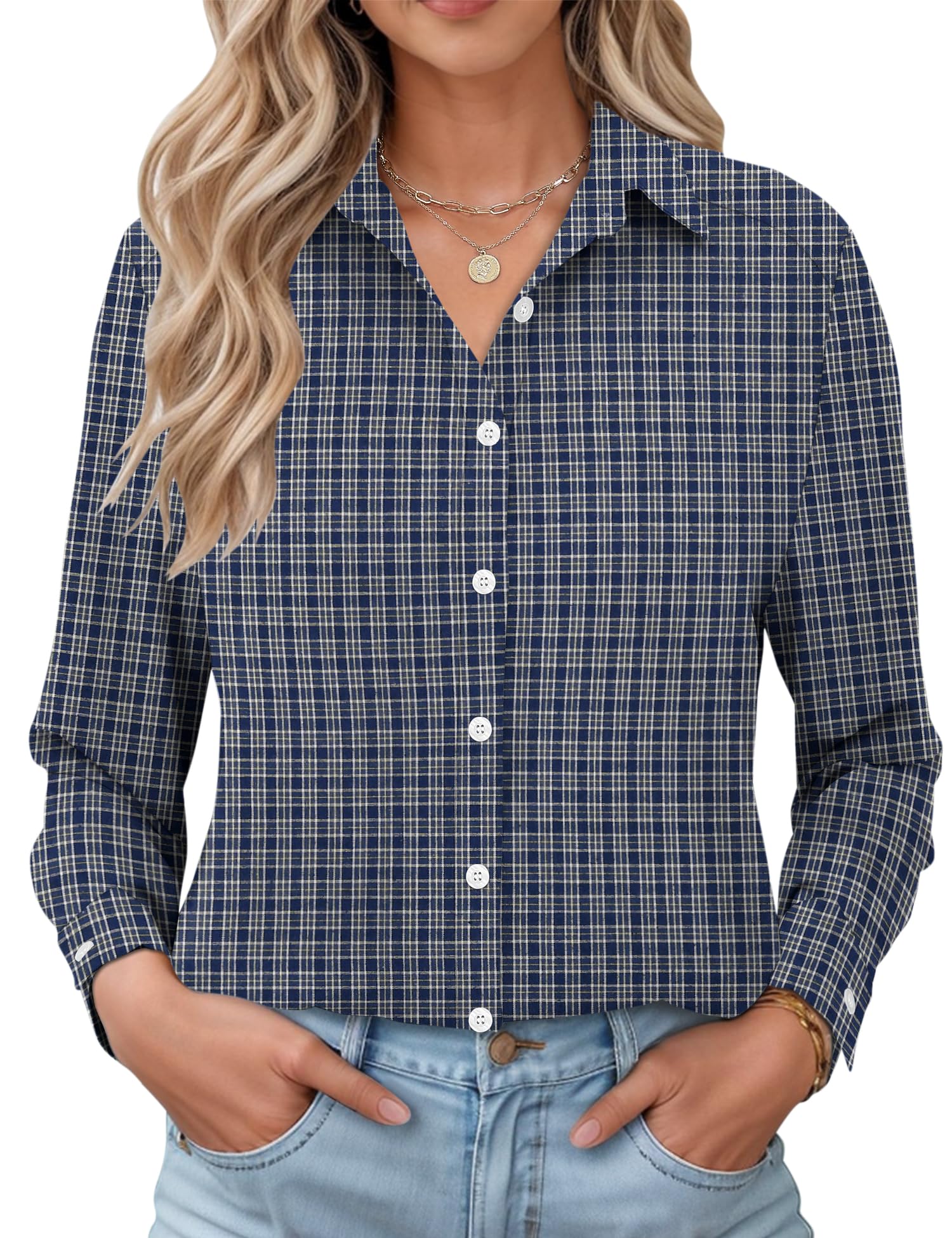 LOMON Womens Long Sleeve Button Down Shirts Casual Loose Fit Cotton Collared Blouses