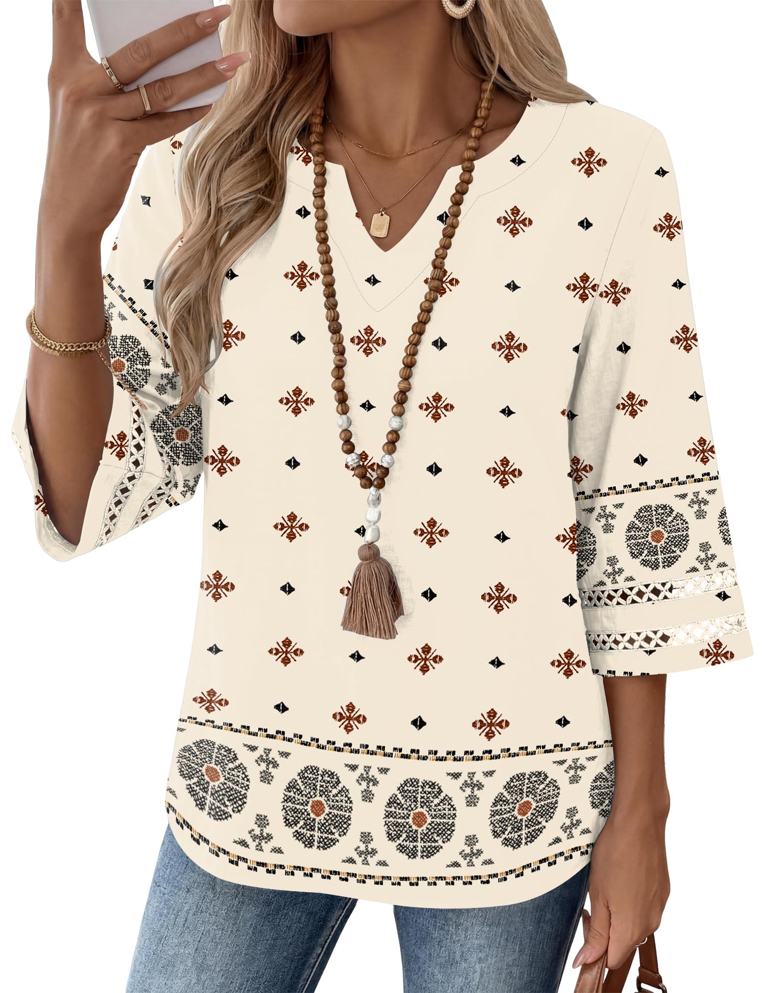 LOMON Womens 3/4 Sleeve V Neck Bohemian Blouses Casual Loose Fit Tunic Tops Vacation Clothes