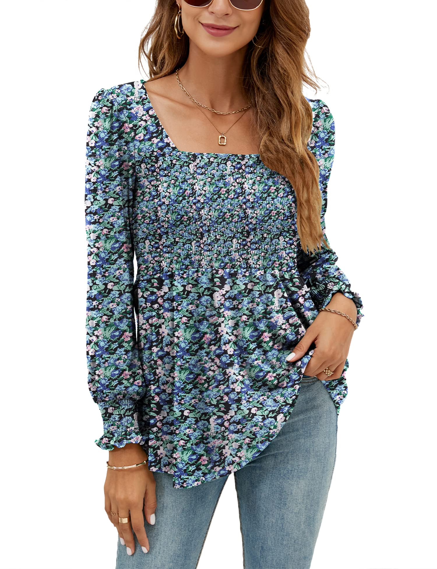 LOMON Blouses for Women Puff Long Sleeve Shirts Square Neck Casual Smocked Tunic Tops 2024 Spring Fall Winter Clothes S-XL