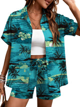 LOMON Women's 2 Piece Hawaiian Vacation Outfits Tropical Print Short Sleeve Shirts and Shorts Beach Sets Resort Wear