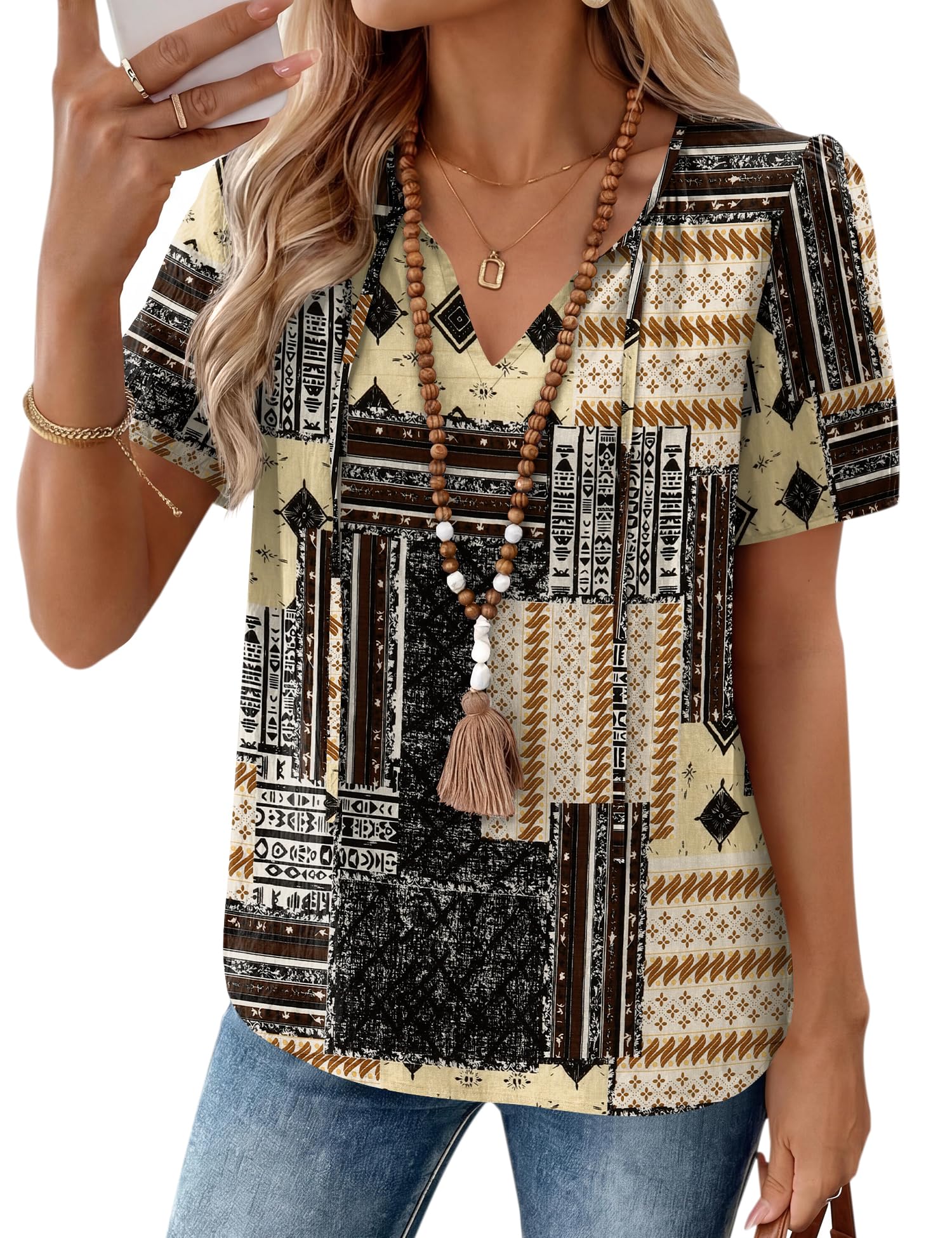 LOMON Boho Tops for Women Summer V-Neck Tie Front Peasant Blouses Casual Puff Sleeve Loose-Fit Flowy Shirts Beach Vacation