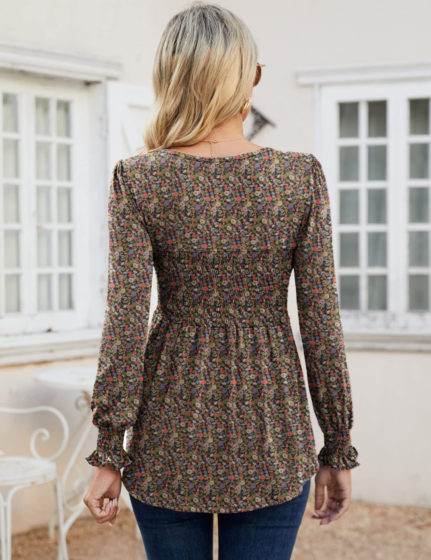 LOMON Blouses for Women Puff Long Sleeve Shirts Square Neck Casual Smocked Tunic Tops 2024 Spring Fall Winter Clothes S-XL