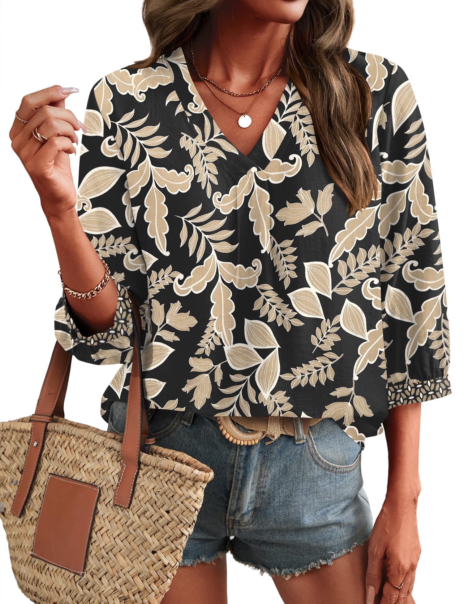 LOMON Womens 3/4 Sleeve V Neck Boho Peasant Blouses Dressy Casual Breathable Soft Tunic Tops with Button Cuffs