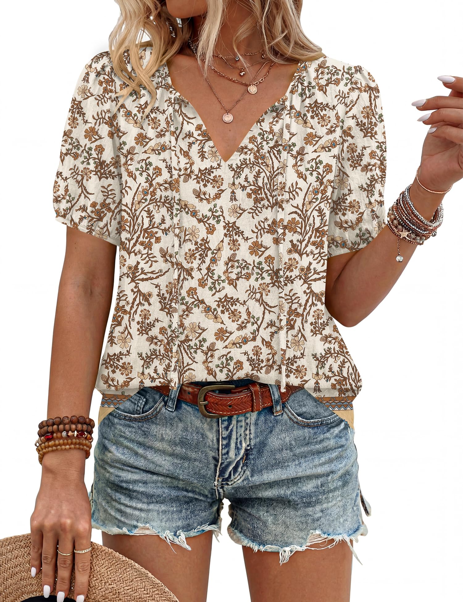 LOMON Boho Tops for Women Summer V-Neck Tie Front Peasant Blouses Casual Puff Sleeve Loose-Fit Flowy Shirts Beach Vacation