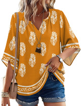 LOMON Women's 3/4 Length Sleeve Boho Tops V Neck Casual Vacation Clothes Loose Fit Tunic Shirts S-3XL