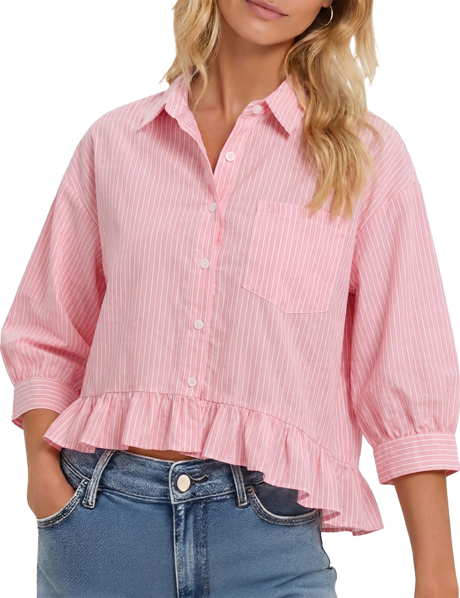 LOMON Womens 3/4 Sleeve Button Down Tops Dressy Casual Collared Shirts Blouses Ruffle Babydoll Tops Loose Fit