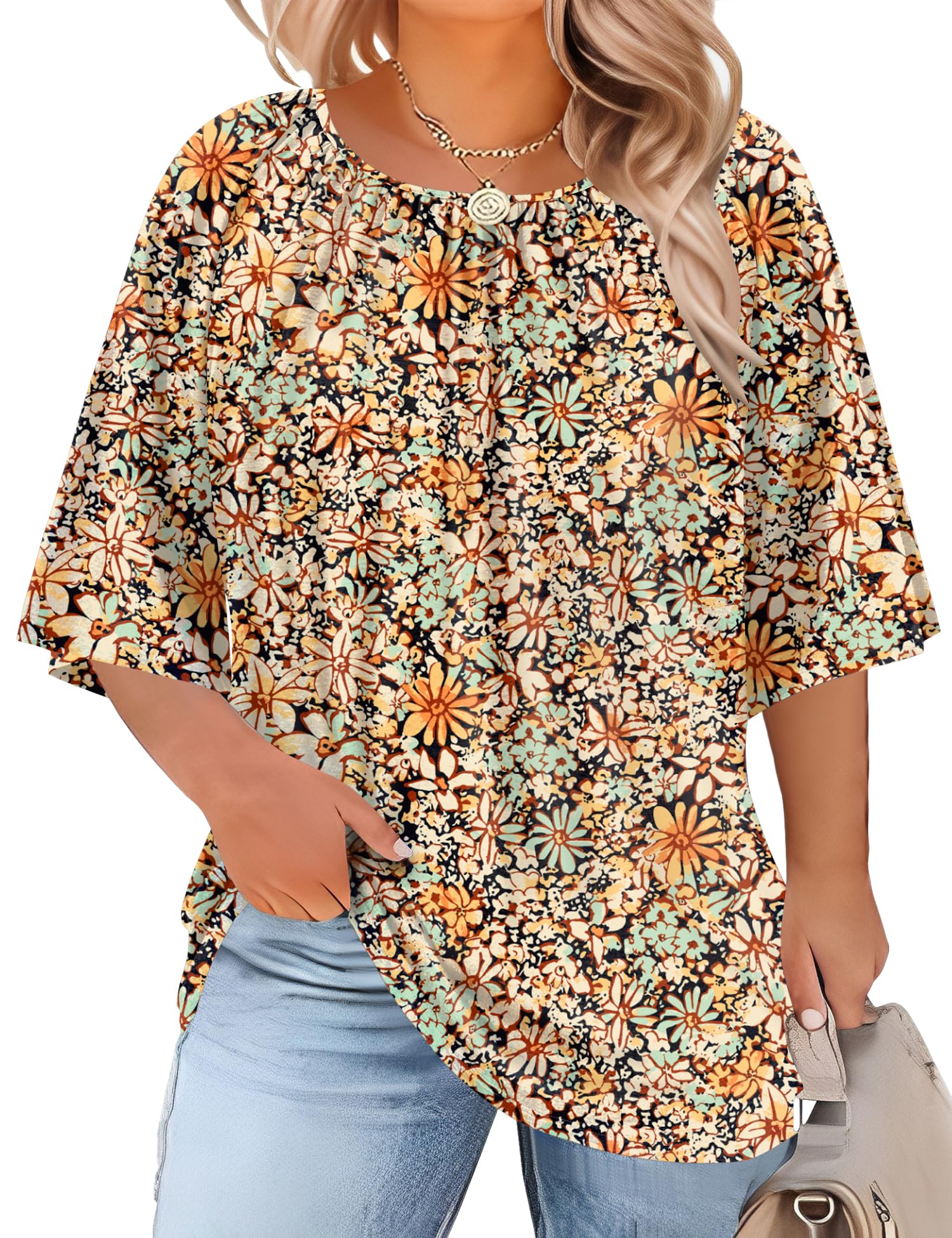 LOMON Womens Plus Size Tops Summer 3/4 Length Sleeve Crewneck Blouses Dressy Casual Loose Curvy Flowy Tunic Shirts 1X-5X