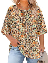 LOMON Womens Plus Size Tops Summer 3/4 Length Sleeve Crewneck Blouses Dressy Casual Loose Curvy Flowy Tunic Shirts 1X-5X