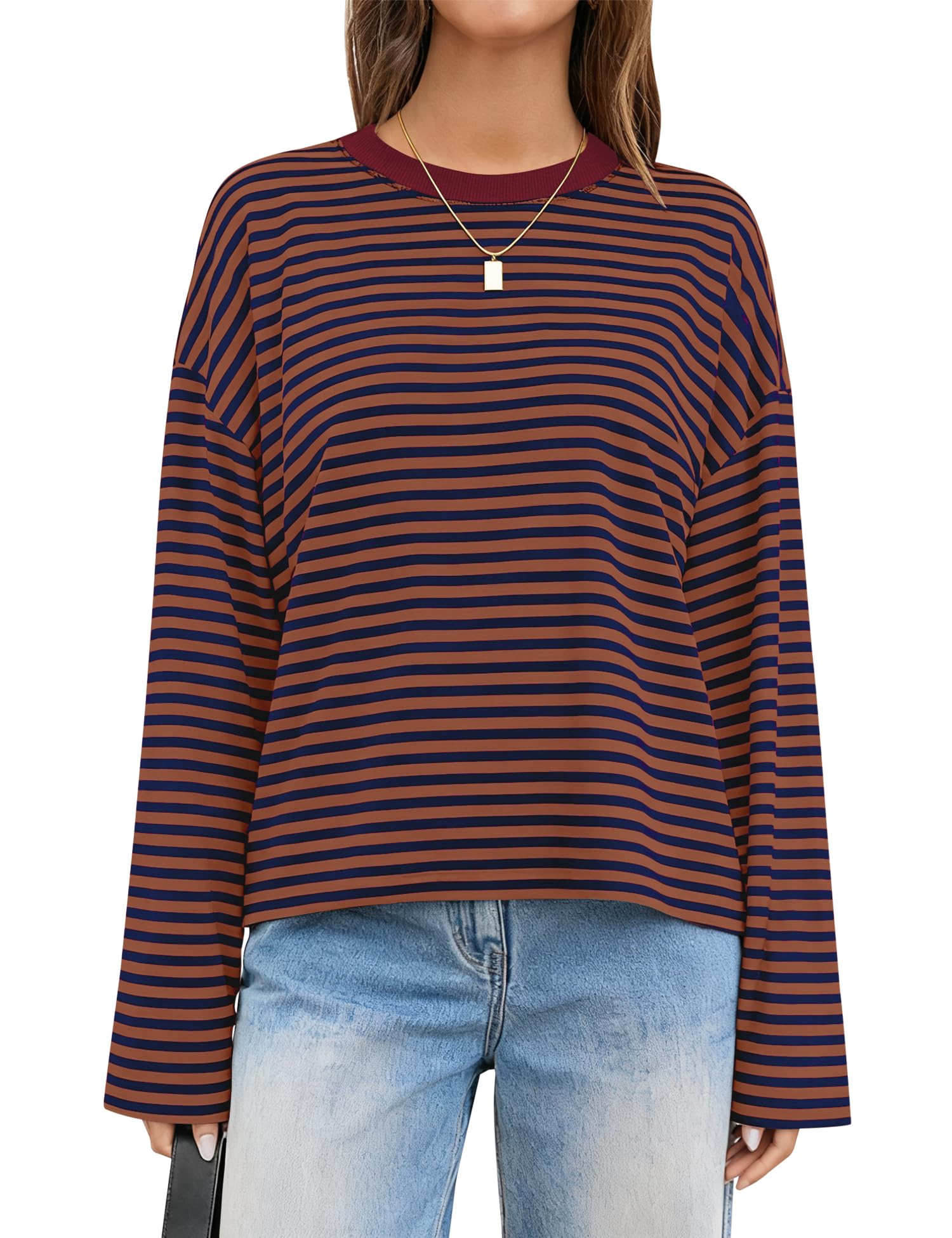 LOMON Striped Long Sleeve Shirt Women Y2k Oversized Crewneck Fall Spring Drop Shoulder Vintage Tops Teen Girl Clothes