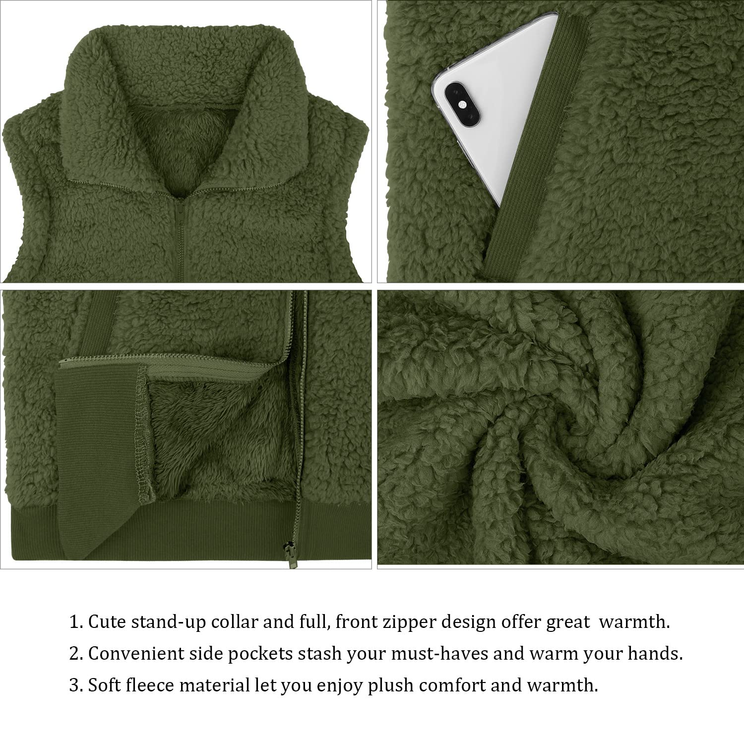 LOMON Womens Fuzzy Fleece Vest, Casual Warm Sleeveless Zip Up Sherpa Vest Jacket with Pockets for Fall/Winter