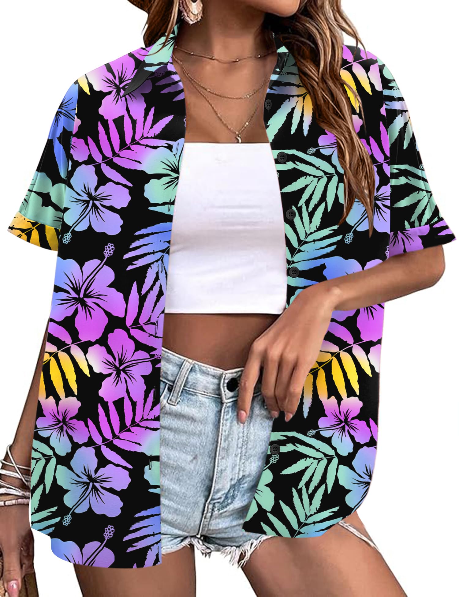 LOMON Women's Summer Hawaiian Shirts Floral Short Sleeve Button Down Shirts Hawaii Tropical Beach Tops Outfits